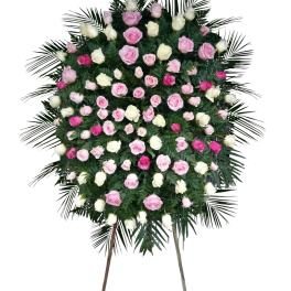 Standing floral spray of pink and white roses on a white background