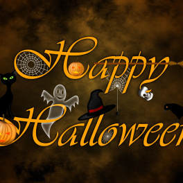 Halloween greeting graphic with pumpkins, ghosts, a cat, and a crow