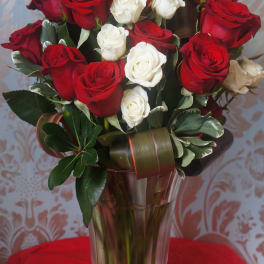 Tall clear vase of red and white roses with decorative looped green leaves