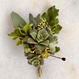 Succulent boutonniere with green foliage and yellow accents
