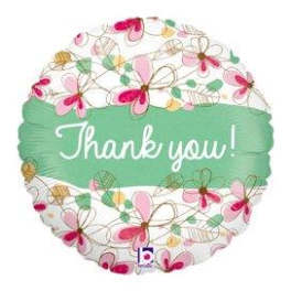 Round floral thank-you balloon with pink and green flower pattern