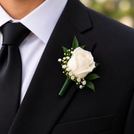 White rose boutonniere pinned to a black suit jacket