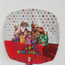 Super Mario birthday foil balloon with characters and red bottom panel