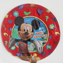 Round Mickey Mouse birthday balloon with colorful icons and "Happy Birthday" text
