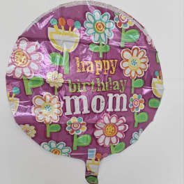 Round purple birthday balloon reading "happy birthday mom" with flower graphics