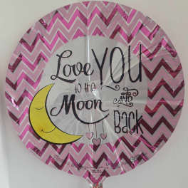 Round pink foil balloon with "Love You to the Moon and Back" text