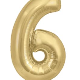 Gold foil balloon shaped like the number 6