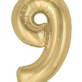Gold number 9 foil balloon on a white background