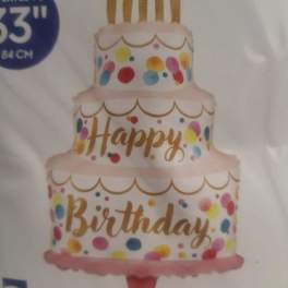 Birthday cake balloon with candles and colorful confetti dots