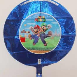 Round blue Super Mario helium balloon with Mario and Luigi artwork