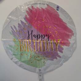 Round foil Happy Birthday balloon with pink, purple, and green brushstroke design