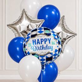 Birthday balloon bouquet with blue, white, and silver balloons
