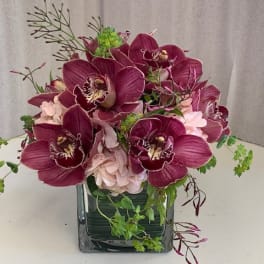 Deep purple orchids arranged in a square glass vase with pale pink blooms.