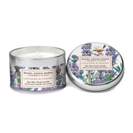 Two lavender rosemary soy wax candles in silver tins