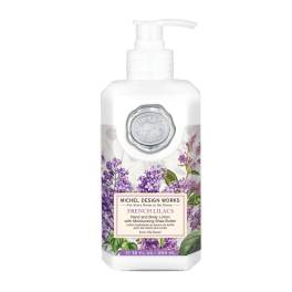 Bottle of French lilac hand and body lotion with floral label