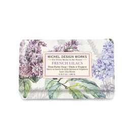 French lilacs shea butter soap bar in floral packaging