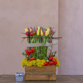 Tulips and small pumpkins arranged in a wooden box with a burlap bow