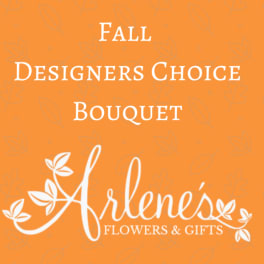 Orange floral shop graphic with the text "Fall Designers Choice Bouquet"