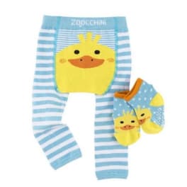 Blue striped baby pants with a duck face and matching mittens