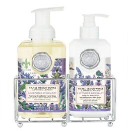 Two lavender rosemary soap and lotion pump bottles in metal holders