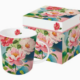 Floral-patterned mug and matching gift box with pink and white blossoms