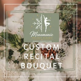Holiday recital bouquet with white flowers and pinecones, overlaid with text