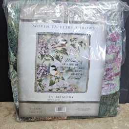 Packaged memorial tapestry throw with birds and flowers