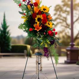 Standing floral spray with sunflowers, roses, and lilies on a metal easel