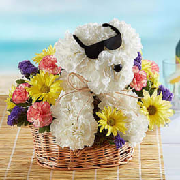 White teddy bear in sunglasses surrounded by colorful flowers in a wicker basket