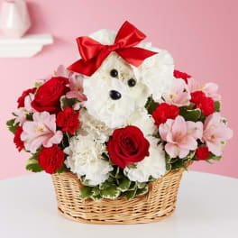 White teddy bear in a basket surrounded by red and pink flowers