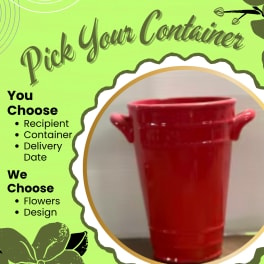 Red ceramic container with side handles on a green promotional graphic