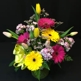 Bright mixed bouquet with gerbera daisies and tulips in a moss-covered container