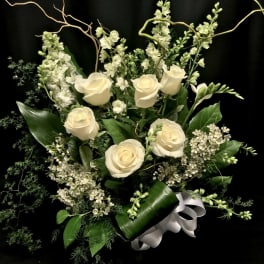 Pure white bouquet with roses and willow