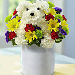 White teddy bear made of flowers in a white hatbox with colorful blooms