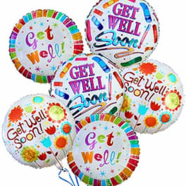 Cluster of colorful get well soon balloons