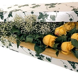 Yellow roses in a decorative box with baby's breath