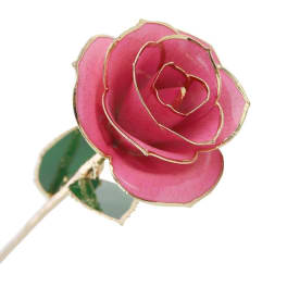 Pink rose-shaped decorative pick with gold-edged petals and green leaves