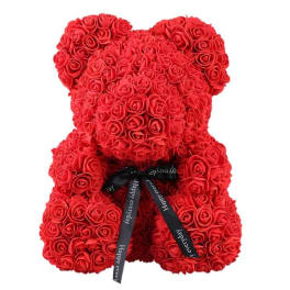 Red teddy bear made of roses with a black ribbon