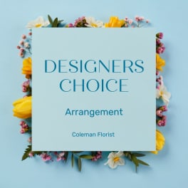 Floral arrangement around a blue card reading Designers Choice Arrangement