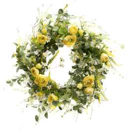 Yellow roses and white daisies arranged in a circular wreath
