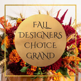 Fall floral arrangement with orange and burgundy blooms and a gold text overlay