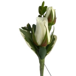 Two white rose buds with green leaves on a stem
