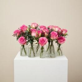 Pink roses arranged in several small glass vases on a white pedestal