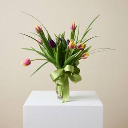 Tulip bouquet in a glass vase with a green ribbon