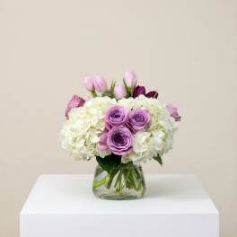 Pink and white flowers arranged in a clear glass vase