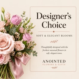 Soft pink bouquet with roses and tulips beside a designer choice sign