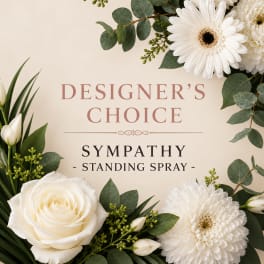 White roses and daisies with greenery around sympathy text