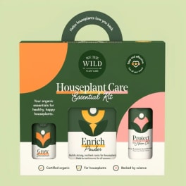 Houseplant care kit in a green and pink box with three bottles