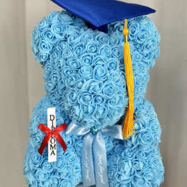 Faux Baby Blue Rose Graduation Teddy Bear