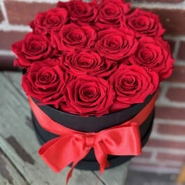 Red roses arranged in a black round box with a red ribbon